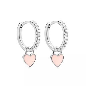 Silver Pink Vintage Heart Dangle Hoop Huggie Set